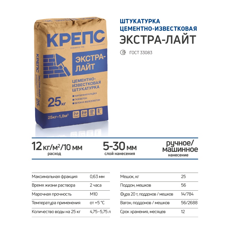 Штукатурка Крепс Экстра Лайт, 25 кг